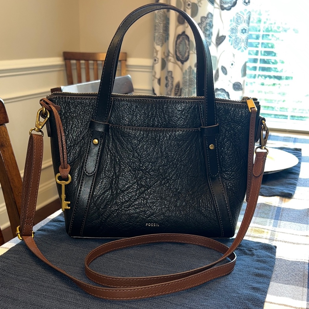 Fossil Black and Tan Leather Satchel